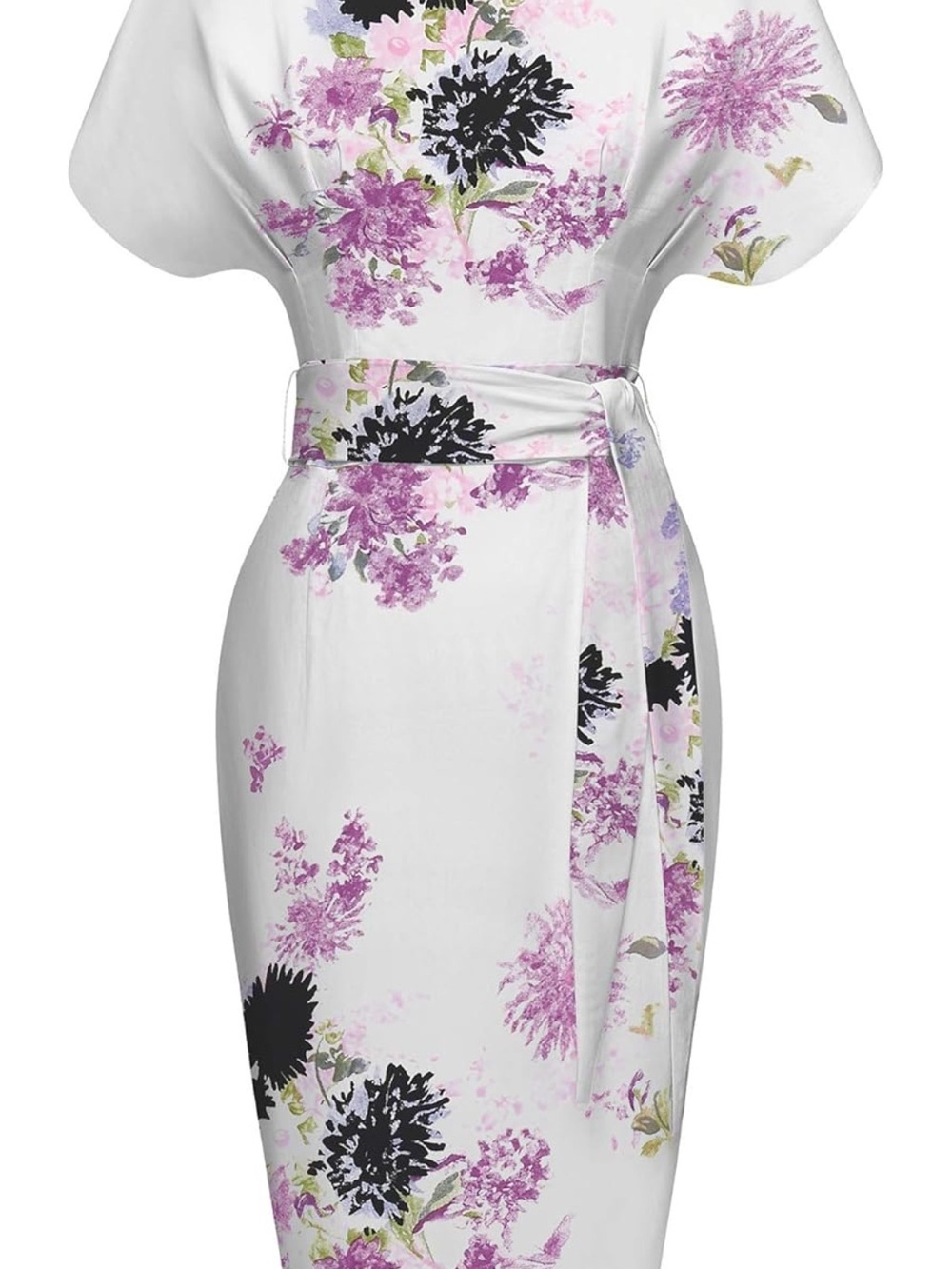 White Floral Midi Wrap Dress with Lavender Accents